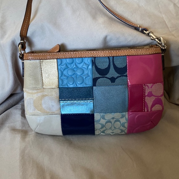 Coach Handbags - Coach Patchwork Small Signature Satchel Baguette Purse (Blue, Pink, Cream, Tan)